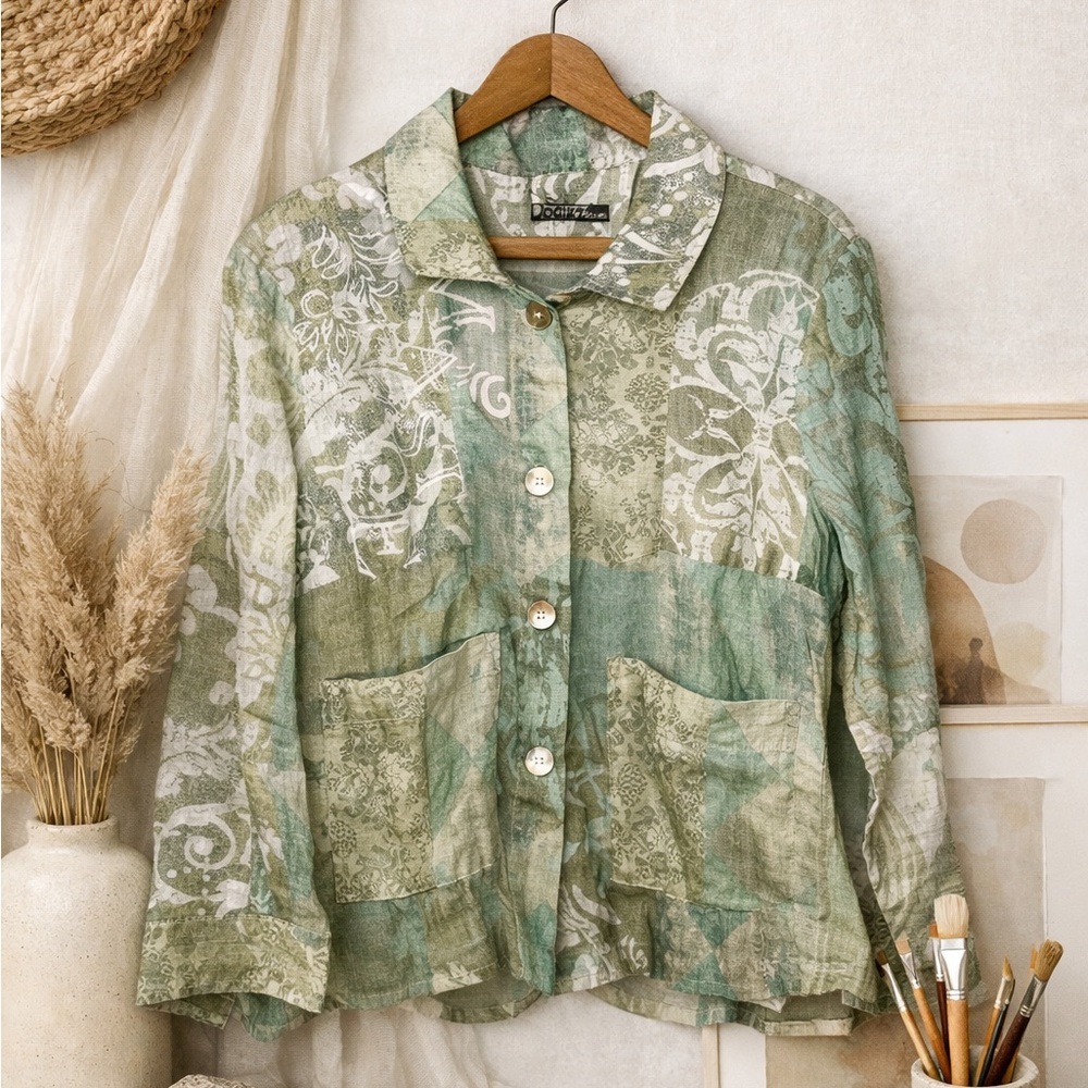 Dolcezza Art Simply 100% Linen Patchwork Floral Artsy Button Down Blouse